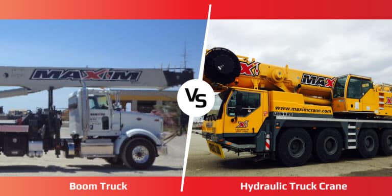 Hydraulic crane vs. boom truck side by side comparison with real photos of Maxim cranes