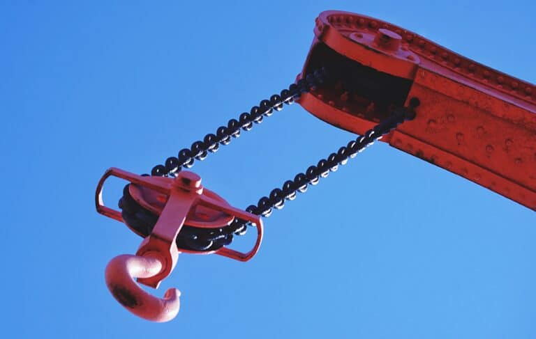 Maxim Crane closeup of a red crane rigging hook